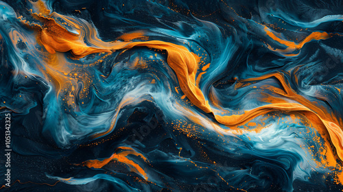 aerial view of the beautiful abstract patterns and shapes in an Icelandic river braids, colorful, blue, orange, gold, black, in the style of nature.