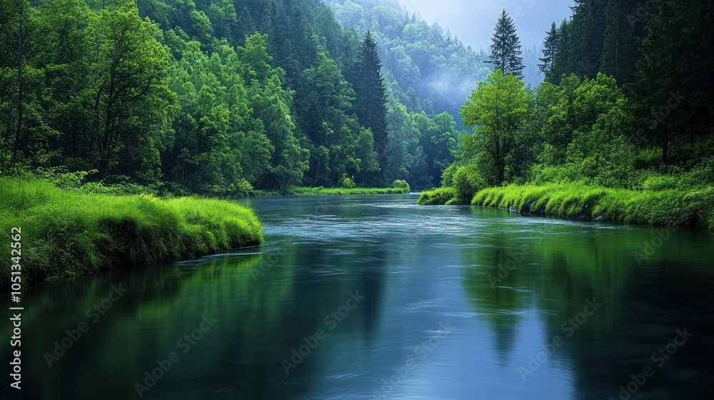 A tranquil river flows through a lush green forest, with mist rising from the water and trees in the distance. A tranquil river flows through a lush green forest, with mist rising from the water and trees in the distance.