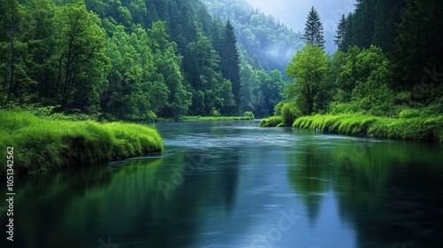 A tranquil river flows through a lush green forest, with mist rising from the water and trees in the distance.