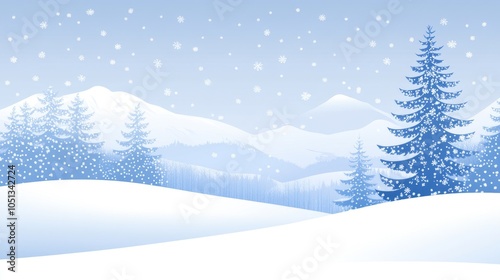 A serene winter landscape with snow-covered hills, trees, and falling snowflakes.