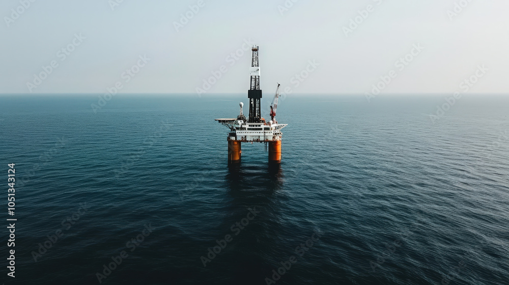 Offshore platform standing tall in ocean, showcasing its robust structure against serene water backdrop. calm sea reflects platforms significance in energy exploration Offshore platform standing tall in ocean, showcasing its robust structure against serene water backdrop. calm sea reflects platforms significance in energy exploration