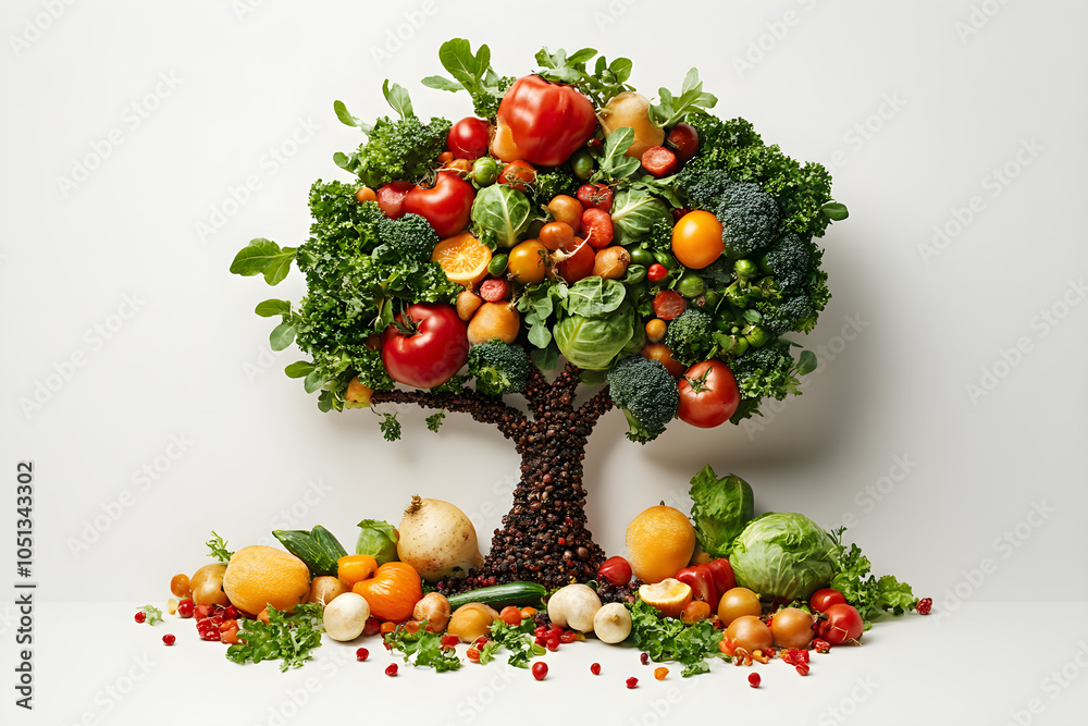 Creative Tree Made from Fresh Vegetables and Fruits on White Background. Creative Tree Made from Fresh Vegetables and Fruits on White Background.