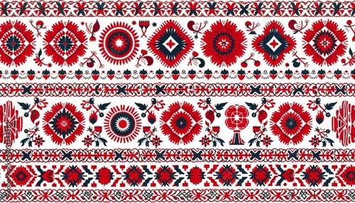 Background filled with traditional Ukrainian embroidery patterns in red, black, and white for Independence Day