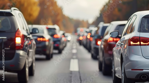 Wallpaper Mural Traffic jam on busy road with multiple cars lined up, showcasing mix of vehicles in urban setting. scene captures essence of daily commutes and challenges of congestion Torontodigital.ca