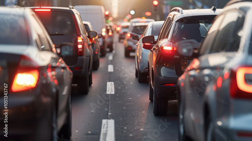 Traffic jam with multiple cars on busy road during sunset, showcasing variety of vehicles and brake lights illuminating scene