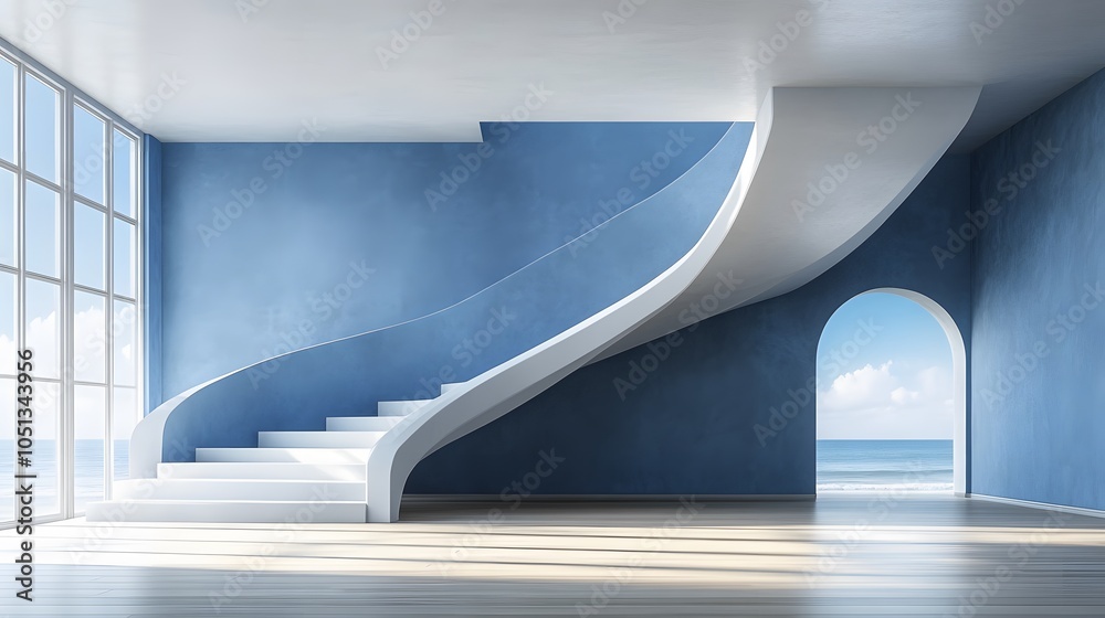 Obraz premium Elegant Interior with Curved Staircase and Ocean View
