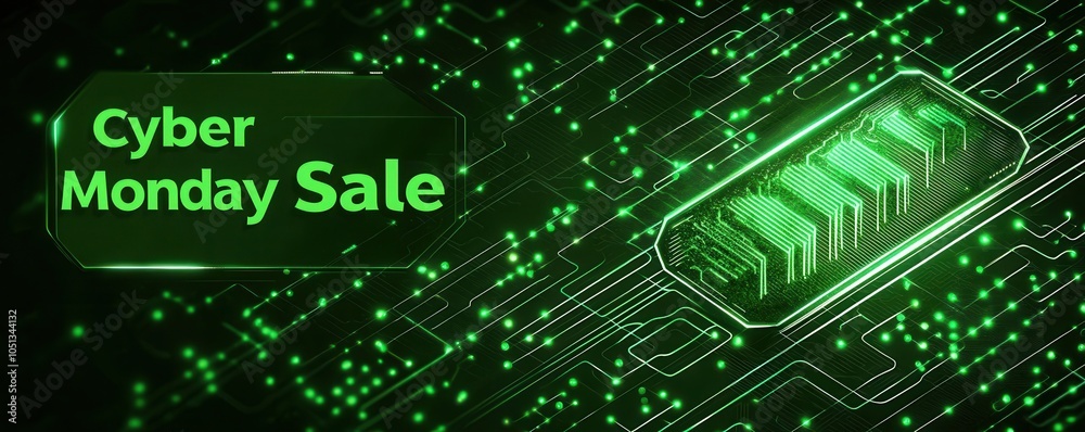 Cyber Monday eco-friendly banner concept. A vibrant digital graphic promoting a Cyber Monday sale featuring green colors abstract patterns and a prominent Cyber Monday eco-friendly banner concept. A vibrant digital graphic promoting a Cyber Monday sale featuring green colors abstract patterns and a prominent