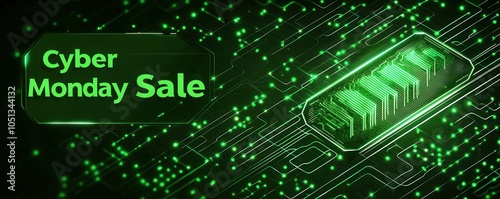 Cyber Monday eco-friendly banner concept. A vibrant digital graphic promoting a Cyber Monday sale featuring green colors abstract patterns and a prominent 