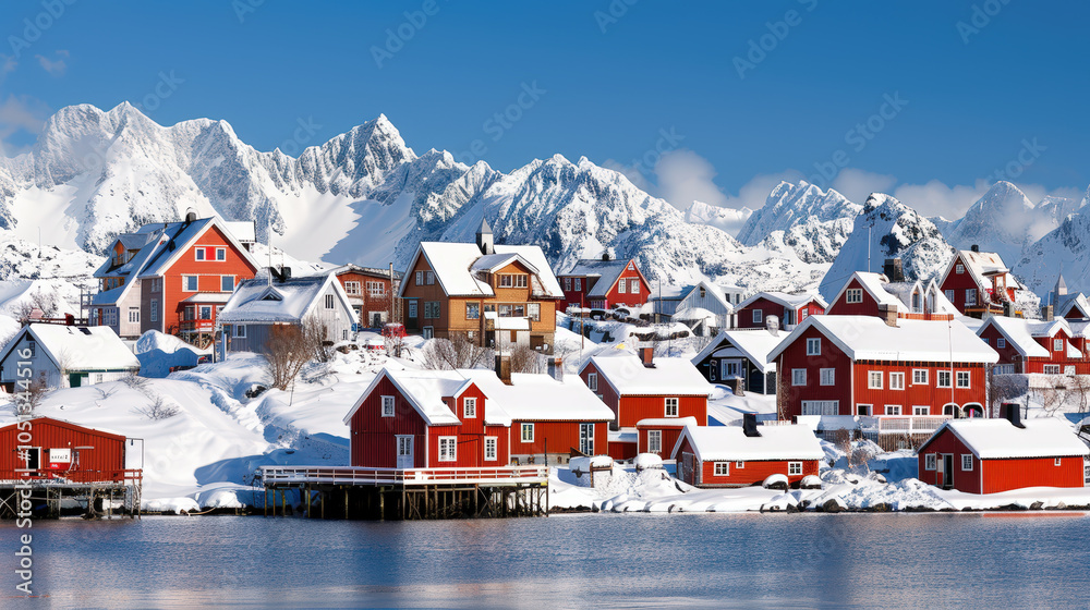 Fototapeta premium picturesque winter scene featuring charming village with red houses blanketed in snow, set against backdrop of majestic mountains under clear blue sky. serene atmosphere evokes sense of tranquility