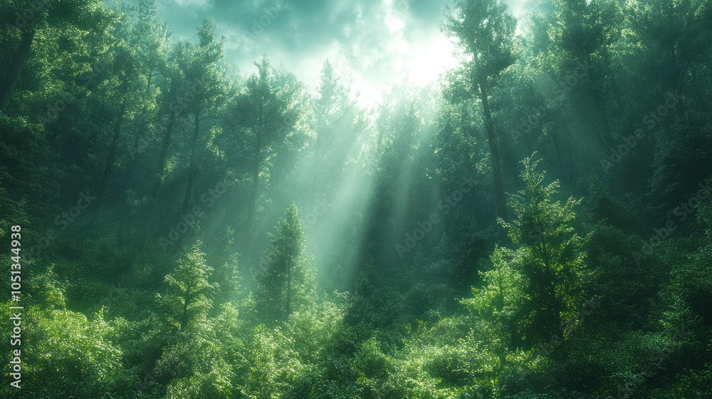 Obraz premium Serene forest with sunlight filtering through the trees.