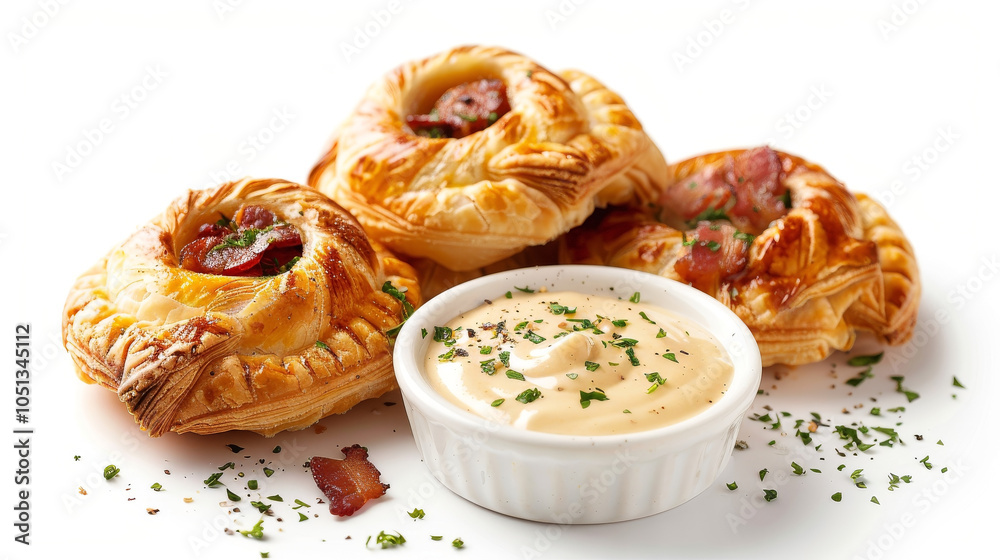 Puff pastry parcels with escargot, bacon, and Gruyère cheese are centered on a clean white background, highlighted with maple Dijon dipping sauce. Puff pastry parcels with escargot, bacon, and Gruyère cheese are centered on a clean white background, highlighted with maple Dijon dipping sauce.