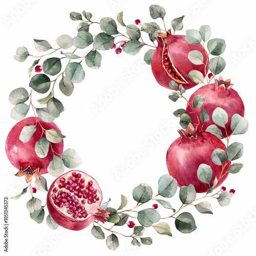 Beautiful Christmas wreath illustration with watercolor hand drawn branches and ripe pomegranates. Stock clipart illustration. Ready print design. photo