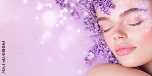 Lavender extract hovering over peaceful woman, glowing skin symbolizing relaxation, with soft, calming light. photo