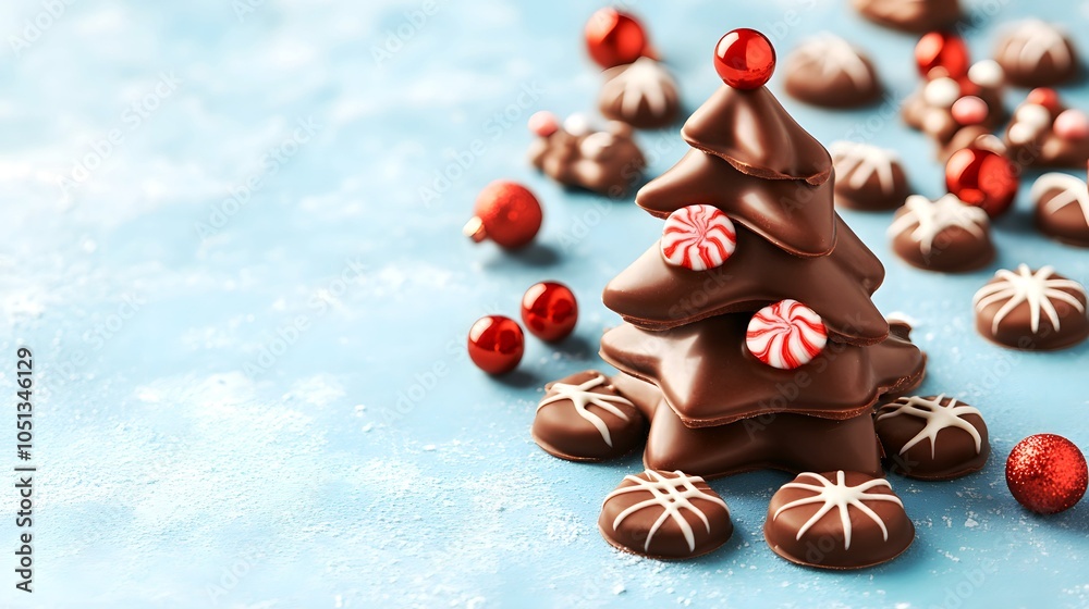A festive chocolate tree surrounded by decorated candies, perfect for holiday celebrations and sweet treats. A festive chocolate tree surrounded by decorated candies, perfect for holiday celebrations and sweet treats.