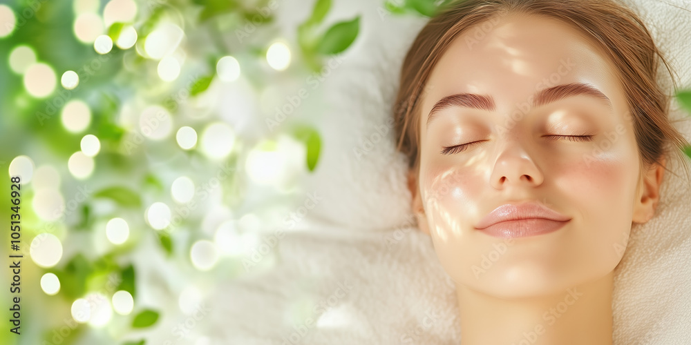 Beautiful Woman in Serene Environment with Glowing Skin Embraced by Lemon Balm Extract Hologram for Restful Sleep Beautiful Woman in Serene Environment with Glowing Skin Embraced by Lemon Balm Extract Hologram for Restful Sleep