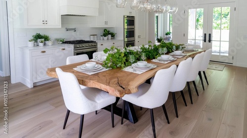 A photostock of a modern farmhouse dining room with a reclaimed wood table, linen slipcovered chairs, and greenery accents for a fresh look.