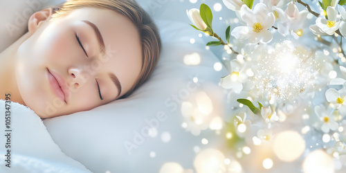 Serene Beauty with Glowing Skin in Deep Sleep with Holographic Magnolia Bark Extract Emitting Calming and Relaxing Aura photo