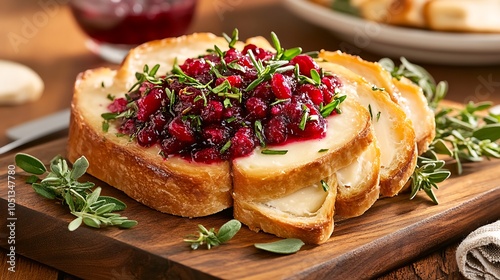 Brie en croute with cranberry sauce and fresh herbs on wood board photo