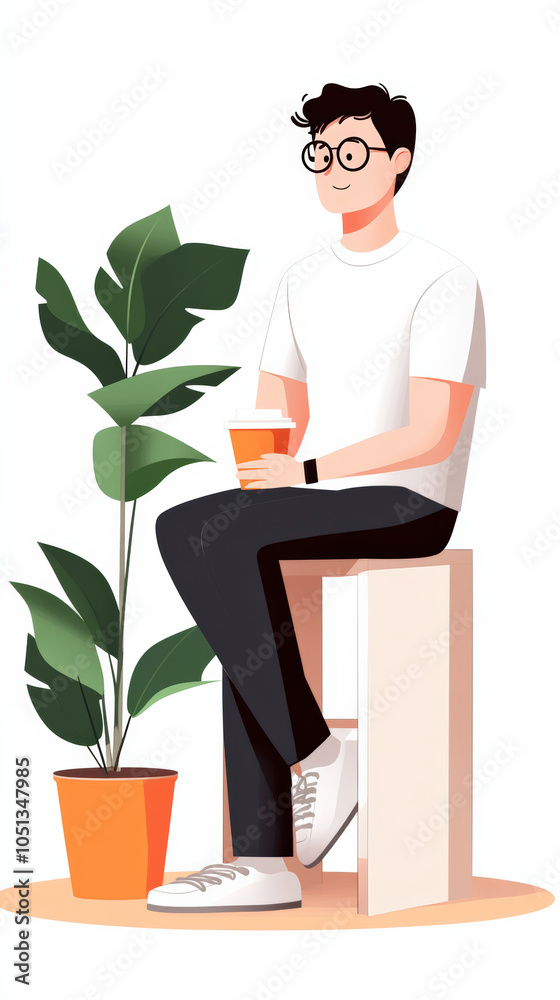 young man sits casually on stool, holding drink, with potted plant beside him. His relaxed demeanor and stylish outfit create modern, inviting atmosphere young man sits casually on stool, holding drink, with potted plant beside him. His relaxed demeanor and stylish outfit create modern, inviting atmosphere