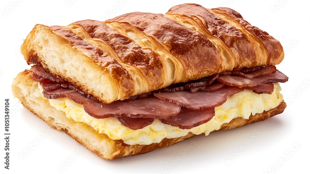 Croissant breakfast sandwich with scrambled eggs and ham Croissant breakfast sandwich with scrambled eggs and ham