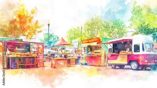 Vibrant Watercolor Illustration of Street Food Scene