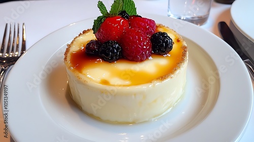 CrÃ¨me brÃ»lÃ©e with caramelized sugar crust and fresh berries photo