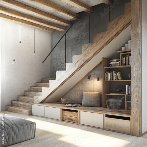 a understair storage.  a Scandinavian industrial style. connect with full-height wooden railing to the next floor. photo