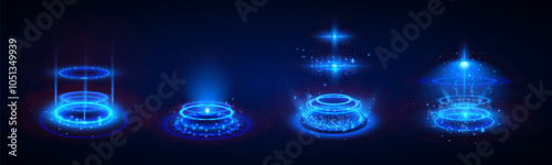 Neon light portal with magic blue glow. Hologram teleport. Tech luminous futuristic product stage. Energy ring, game icon. Power shining vortex pedestal. Abstract circular sparkling effect