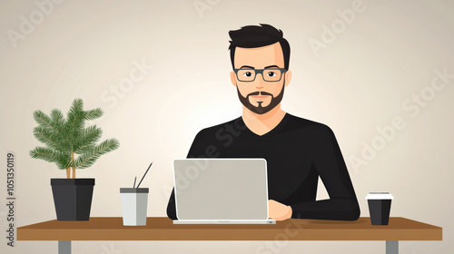 man with glasses sits at desk working on laptop, surrounded by plants and coffee cups, creating focused and productive atmosphere