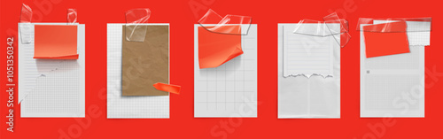 Blank memo note paper glued with transparent adhesive tape. White, brown and red flat and crumpled reminder and to do sticker with checkered and lined pattern, rough cut off edges and creases.
