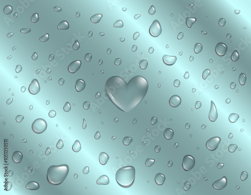 3D Heart shape Water Drops texture background. Spray, droplets on gray surface. Inflatable Bubble Isolated Rain drop on glass effect valentine day window background. Vector realistic aqua liquid flows