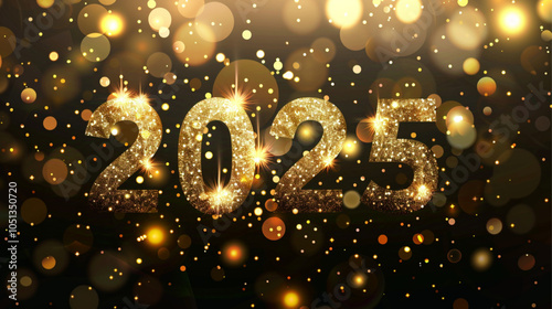 3D "2025" text with glitter on a black background, a New Year concept. Shiny golden numbers against a dark backdrop with colorful bokeh lights. Festive card design