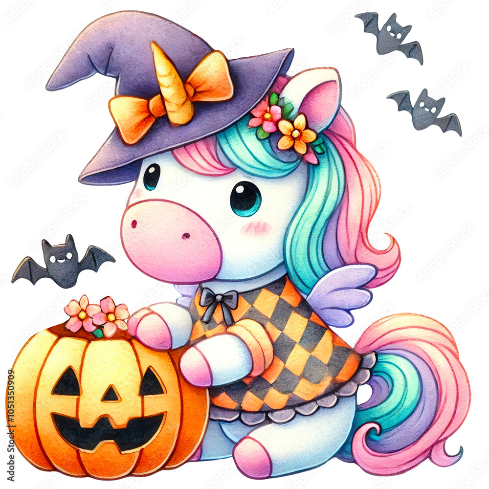 Naklejka premium Cute Halloween Unicorns in Festive Costumes, Adorable cartoon unicorns dressed in various Halloween costumes, holding pumpkins and candy, surrounded by Halloween-themed elements like bats and lantern 