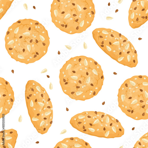 Seamless pattern with whole grain cookies and seeds. Vector cartoon flat illustration of biscuits. Healthy food. Pastry background.