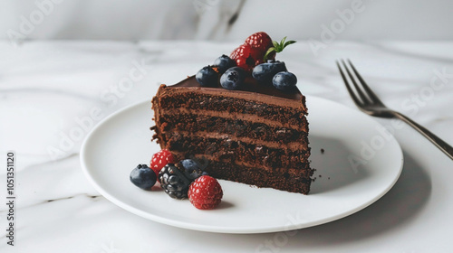 Plated vegan chocolate cake with fresh berries on a minimalist white plate. Vegetarian dessert and healthy eating habit. Gluten-free dessert  photo