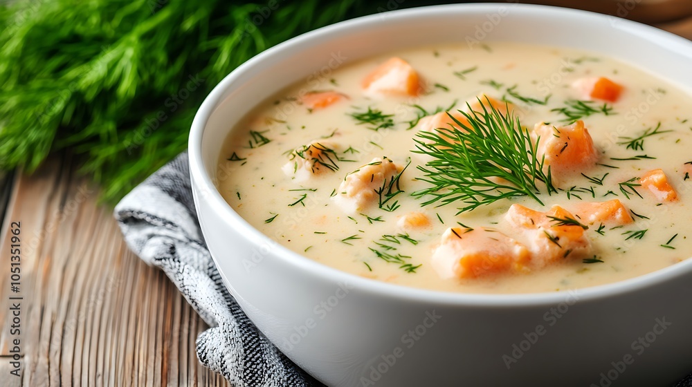 Lobster bisque served in a white bowl with fresh dill on top Lobster bisque served in a white bowl with fresh dill on top