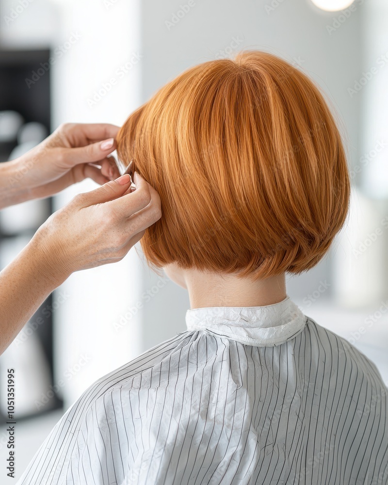 Fototapeta premium Person getting a stylish haircut at a modern salon with a trendy bob hairstyle.