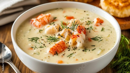 Lobster bisque served in a white bowl with fresh dill on top