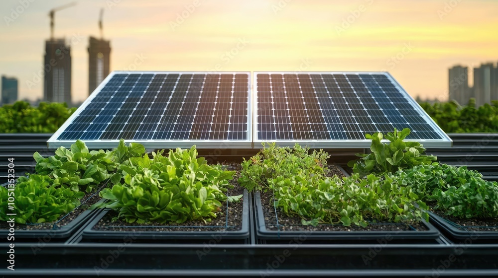 Solar panels above thriving plants at sunset in an urban setting. Solar panels above thriving plants at sunset in an urban setting.
