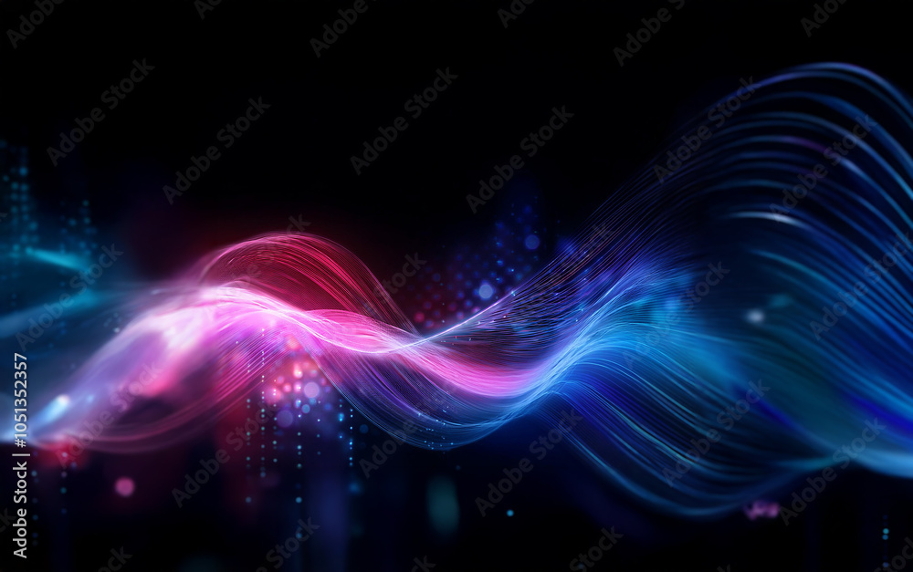 Fototapeta premium Abstract digital art featuring a bright blue and red wave of light against a black background.