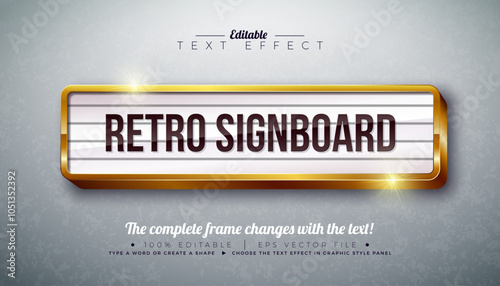 Retro Signboard 3D Text Effect Design Editable and Scalable Vector Graphic Style Effect with Gold Frame Billboard and Typography Lettering on Vintage Background. Premium Luxury Casino or Cinema