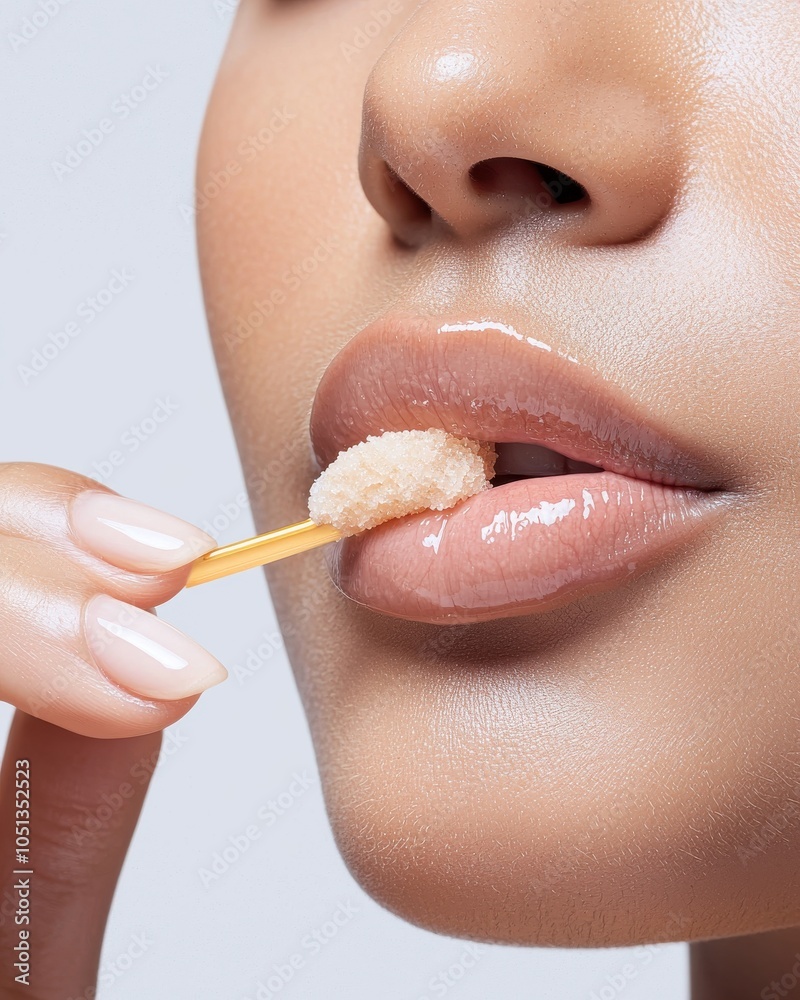 Naklejka premium Close-up of a woman applying lip scrub on smooth lips with a wooden stick.