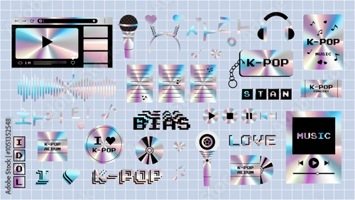 Set of holographic K-pop stickers. Elements with a metallic effect. Vector illustration