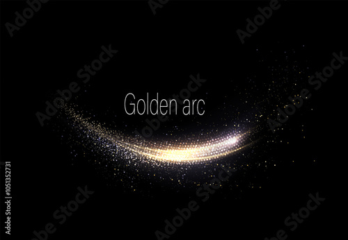 Shiny gold ribbon with small tinsel on black background, design component.