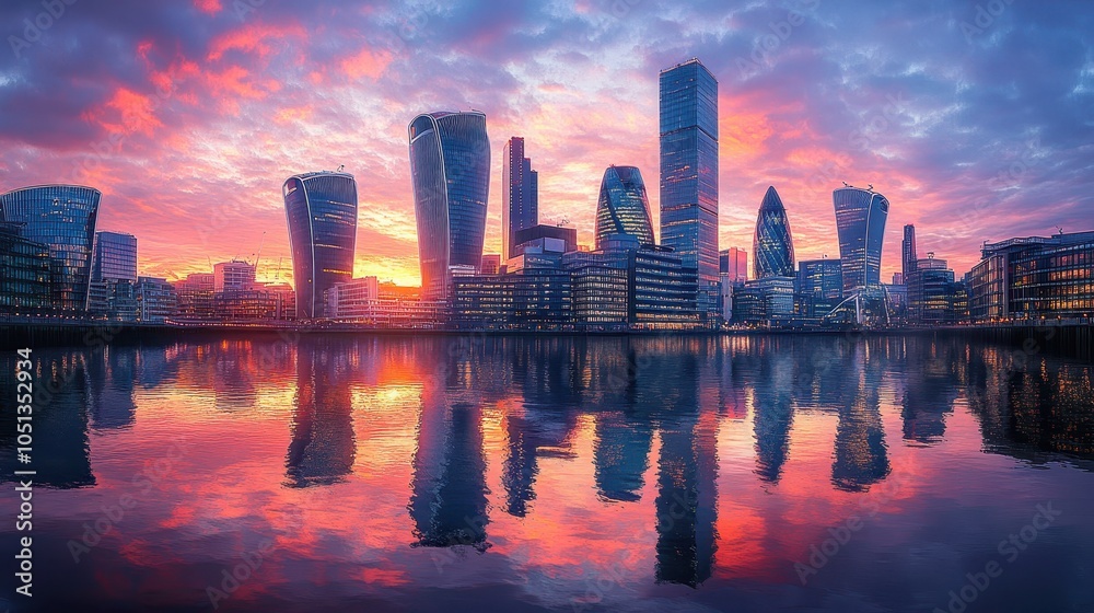 Fototapeta premium Stunning Modern Cityscape at Sunset with Skyscrapers Reflecting in Calm Water Under a Vibrant Sky