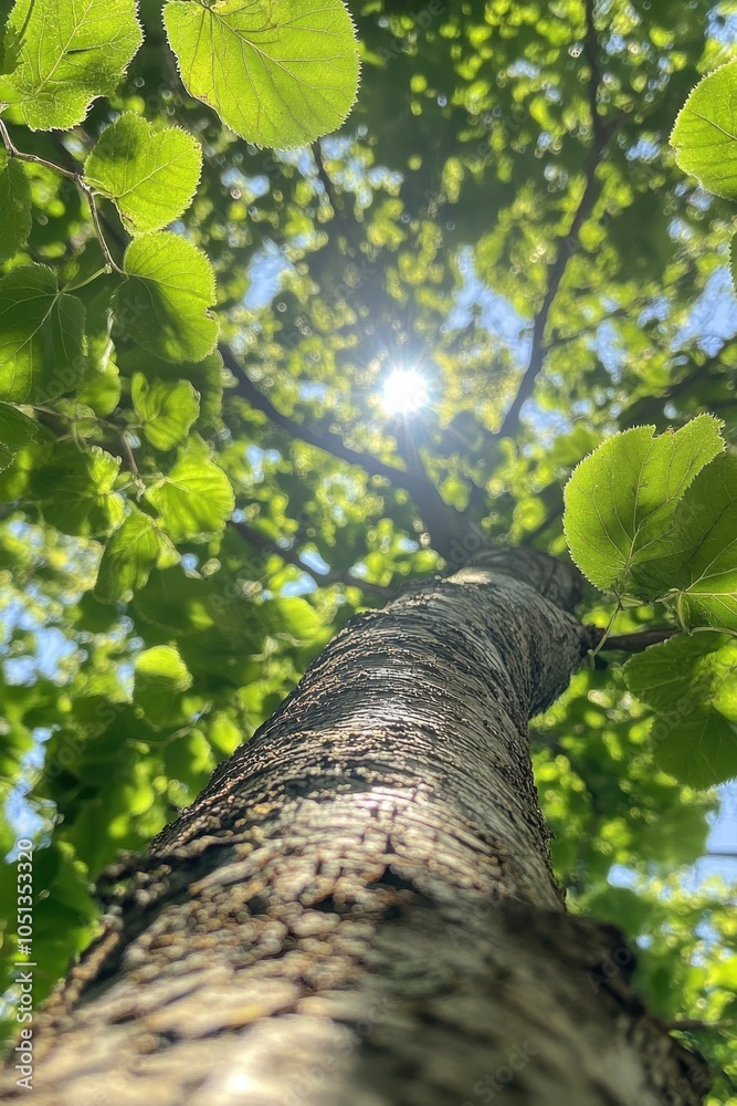 Fototapeta premium Sunlight Filtering Through Lush Green Leaves of a Tree Captured from a Unique Upward Perspective