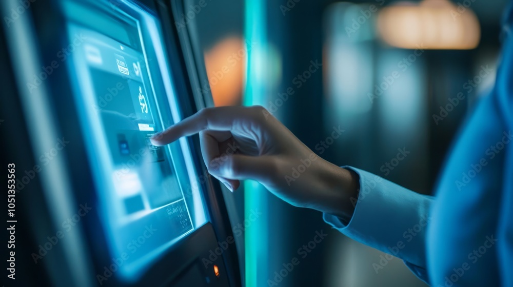 Fototapeta premium A person interacts with a touchscreen ATM, highlighting banking technology and user interface in a modern environment.