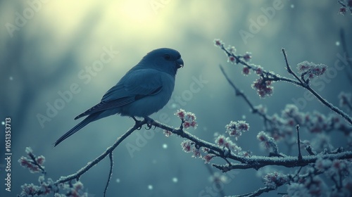 A lone blue bird perched on a snow-covered branch with pink buds.