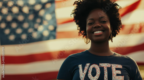 Afro american woman wearing a t-shirt Vote to the 2024 presidential elections in front of a US flag to encourage people to vote to the elections photo