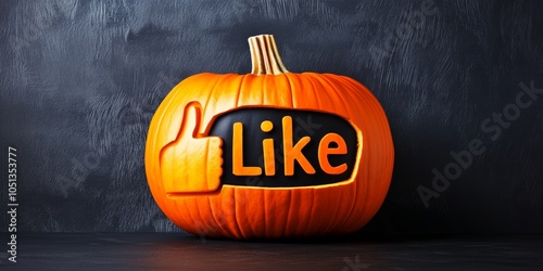 Pumpkin carved with glowing thumbs-up like symbol and text for social media-themed Halloween photo